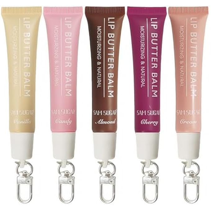 SAM SUGAR 5PCS LIP BALM WITH KEYCHAIN HYDRATING TINTED LIP GLOSS, MOISTURIZING LIP BUTTER BALM WITH NATURAL SHINE, NON-STICKY LIP CARE FOR DRY LIPS - Image 1